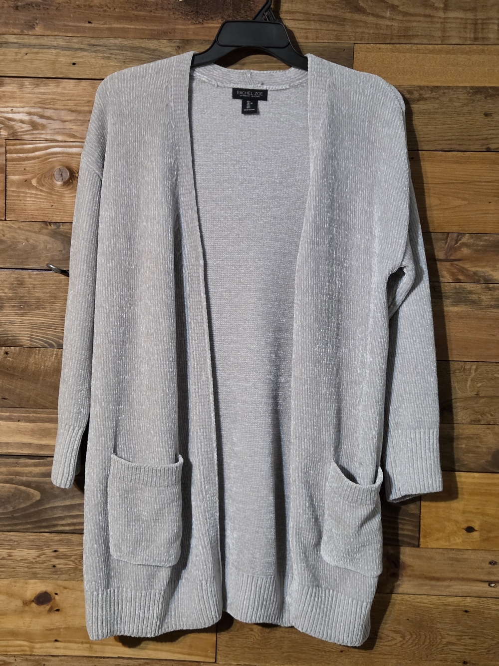 Soft and cozy Rachel Zoe open-front cardigan in a versatile light gray chenille